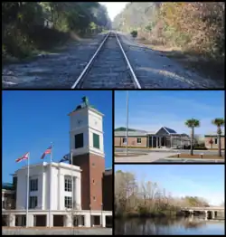 Images from top, left to right: Railroad in Yulee, Robert M. Foster Justice Center, Yulee High School, tributary of the Nassau River