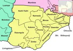 Map of Zambia showing the Southern Province with its districts