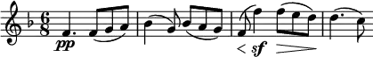 \relative c' {
\set Score.currentBarNumber = #37
\key f \major
\time 6/8
f4.\pp f8( g a)
bes4( g8) bes( a g)
\override DynamicLineSpanner.staff-padding = #2
f(\< f'4)\sf f8(\> e d)\!
d4.( c8)
}
