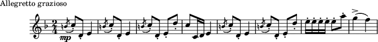 
  \header {
    piece = "Allegretto grazioso"
    tagline = ""
   }
\score {
\layout { }
\new staff {
\time 2/4
\key f \major

\relative c'' {
  \acciaccatura b8\mp( c-.) d,-. e4 |
  \acciaccatura b'8( c-.) d,-. e4 |
  \acciaccatura b'8( c-.) d,-. e-. d'-. |
  c c,16 d e4 | \acciaccatura b'8( c-.) d,-. e4 |
  \acciaccatura b'8( c_.) d,-. e-. d'-. |
  e16-. e-. e-. e-. e8-. a-. | g4->( f)
  }
}
  \midi {
    \tempo 4 = 96
     }
}
