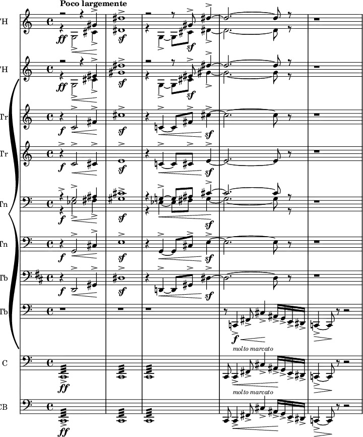 { \new PianoStaff
<<
\new Staff \with { instrumentName="FH"}
\relative c'
{
\set Score.tempoHideNote = ##t \tempo 2 = 30
\set Staff.midiInstrument = #"french horn"
\set Staff.midiMinimumVolume = 0.2
\set Staff.midiMaximumVolume = 0.9
\transposition f
\key c \major
\clef treble
\time 4/4
<<
\relative { r2^\markup {\bold "Poco largemente"} r4 gis'4\accent}
\\
\relative { r4\ff g2\accent\< cis4\accent\!}
>> |
<<
\relative {dis''1\accent}
\\
\relative { dis'1\sf}
>> |
<<
\relative { r2 r8 gis'8\accent\sf dis'4\accent~}
\\
\relative { r4 g4\accent~ g8 cis dis4\accent~}
>> |
<<
\relative { dis''2.~ dis8 r8}
\\
\relative {dis'2.~ dis8 r8}
>> |
r1 |
}
\new Staff \with { instrumentName="FH"}
\relative c'
{
\set Staff.midiInstrument = #"french horn"
\set Staff.midiMinimumVolume = 0.2
\set Staff.midiMaximumVolume = 0.9
\transposition f
\key c \major
\clef treble
\time 4/4
<<
\relative { r2 r4 eis'4\accent}
\\
\relative { r4\ff g2\accent\< cis4\accent\!}
>> |
<<
\relative {dis''1\accent}
\\
\relative { gis'1\sf}
>> |
<<
\relative { r2 r8 eis'8\accent\sf dis'4\accent~}
\\
\relative { r4 g4\accent~ g8 cis gis'4\accent~}
>> |
<<
\relative { dis''2.~ dis8 r8}
\\
\relative {gis'2.~ gis8 r8}
>> |
r1 |
}
\new Staff \with { instrumentName="Tr"}
\relative c'
{
\set Staff.midiInstrument = #"trumpet"
\set Staff.midiMinimumVolume = 0.2
\set Staff.midiMaximumVolume = 0.9
\key c \major
\clef treble
\time 4/4
r4\f c2^\accent\< fis4^\accent\! |
cis'1\sf\accent
r4 c,!4^\accent~\< c8 fis8^\accent cis'4\sf\!\accent~ |
cis2.~ cis8 r8 |
r1 |
}
\new Staff \with { instrumentName="Tr"}
\relative c'
{
\set Staff.midiInstrument = #"trumpet"
\set Staff.midiMinimumVolume = 0.2
\set Staff.midiMaximumVolume = 0.9
\key c \major
\clef treble
\time 4/4
r4\f\accent c2^\accent\< cis4^\accent\! |
e1\sf^\accent
r4 c!4^\accent\<~ c8 cis^\accent e4\sf^\accent\!~ |
e2.~ e8 r8 |
r1 |
}
\new Staff \with { instrumentName="Tn"}
\relative c'
{
\set Staff.midiInstrument = #"trombone"
\set Staff.midiMinimumVolume = 0.2
\set Staff.midiMaximumVolume = 0.9
\key c \major
\clef bass
\time 4/4
<<
\relative { r4^\accent g2^\accent ais4}
\\
\relative { r4\f ees2\accent\< fis4\accent\!}
>> |
<<
\relative {cis'1\accent}
\\
\relative { gis1\sf}
>> |
<<
\relative {r4 g!4\accent~ g8 ais cis4\sf\accent~}
\\
\relative {r4 ees4~\< ees8 fis g4\!~ }
>> |
<<
\relative {cis'2.~ cis8 r8}
\\
\relative {g2.~ g8 r8}
>> |
r1 |
}
\new Staff \with { instrumentName="Tn"}
\relative c'
{
\set Staff.midiInstrument = #"trombone"
\set Staff.midiMinimumVolume = 0.2
\set Staff.midiMaximumVolume = 0.9
\key c \major
\clef bass
\time 4/4
r4\f g,2^\accent\< cis4^\accent\! |
e1\sf\accent |
r4 g,4^\accent\<~ g8 cis^\accent e4\accent\!\sf~ |
e2.~ e8 r8 |
r1 |
}
\new Staff \with { instrumentName="Tb"}
\relative c
{
\set Staff.midiInstrument = #"tuba"
\set Staff.midiMinimumVolume = 0.2
\set Staff.midiMaximumVolume = 0.9
\key d \major
\clef bass
\time 4/4
r4\f d,2^\accent\< gis4^\accent\! |
dis'1\sf\accent |
r4 d,!4^\accent\<~ d8 gis^\accent dis'4\accent\!\sf~ |
dis2.~ dis8 r8 |
r1 |
}
\new Staff \with { instrumentName="Tb"}
\relative c
{
\set Staff.midiInstrument = #"tuba"
\set Staff.midiMinimumVolume = 0.2
\set Staff.midiMaximumVolume = 0.9
\key c \major
\clef bass
\time 4/4
r1 |
r1 |
r1 |
r8 c,!4\f\accent\< fis8\accent cis'4\accent\! ais16\accent g\accent e\accent dis\accent |
c!4\accent\>~ c8\! r8 r2 |
}
\new Staff \with { instrumentName="C"}
\relative c
{
\set Staff.midiInstrument = #"string ensemble 1"
\set Staff.midiMinimumVolume = 0.2
\set Staff.midiMaximumVolume = 0.9
\key c \major
\clef bass
\time 4/4
c,1:32\ff\accent |
c:32 |
c:32 |
c8 c4\accent\<^\markup {\italic \tiny "molto marcato"} fis8\accent cis'4\accent ais16\accent\! g\accent e\accent dis\accent |
c!4\accent\>~ c8\! r8 r2 |
}
\new Staff \with { instrumentName="CB"}
\relative c
{
\set Staff.midiInstrument = #"string ensemble 1"
\set Staff.midiMinimumVolume = 0.2
\set Staff.midiMaximumVolume = 0.9
\key c \major
\clef bass
\time 4/4
c,1:32\ff\accent |
c:32 |
c:32 |
c8 c4\accent\<^\markup {\italic \tiny "molto marcato"} fis8\accent cis'4\accent ais16\accent\! g\accent e\accent dis\accent |
c!4\accent\>~ c8\! r8 r2 |
}
>>
}
