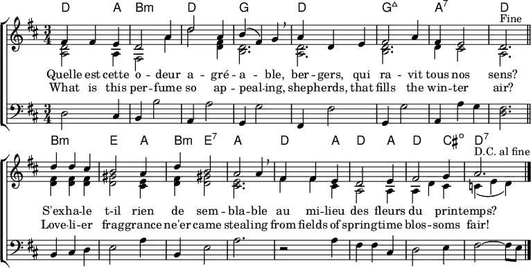 \header { tagline = ##f }
\layout { indent = 0 \set Score.tempoHideNote = ##t
\context { \Score \remove "Bar_number_engraver" }
\context { \Voice \remove "Dynamic_engraver" }
}
global = { \key d \major \time 3/4 }
chordsI = \chordmode { \global \set midiInstrument = #"acoustic guitar (nylon)"
d,2 a,4 | b,2.:min | d, | g, | d,| g,:maj7 | a,:7 | d, \bar "||"
}
voiceI = \relative c' { \global
\tempo 4 = 100 fis4 fis e | d2 a'4 | d2 a4 | b (fis) g \breathe |
a d, e | fis2 a4 | fis e2 | d2.^"Fine" \bar "||"
}
rightI = \relative c' { \global
<d a>2\pppp a4 | fis2 a'4 | d2 <fis, d>4 | <d b>2. |
<d a>2. | <d b>2. | d4 cis2 | a2. \bar "||"
}
leftI = \relative c { \global
d2 cis4 | b b'2 | a,4 a'2 | g,4 g'2 |
fis,4 fis'2 | g,4 g'2 | a,4 a' g | <fis d>2. \bar "||"
}
chordsE = \chordmode {
b,2.:min | e,2 a,4 | b,:min e,2:7 | a,2. | d,2 a,4 | d,2 a,4 | d,2 cis,4:dim | d,2.:7 \bar "|."
}
voiceE = \relative c' {
d'4 d cis | b2 a4 | d b2 | a a4 \breathe |
fis fis e d2 e4 | fis2 g4 a2.^"D.C. al fine" \bar "|."
}
rightE = \relative c' {
<fis d>4 <fis d> <fis d> | <gis d>2 <e cis>4 | <fis d> <gis d>2 | <e cis>2. |
fis4 fis cis | a2 a4 | a4 d cis | \tempo 4 = 88 c (e d) \bar "|."
}
leftE = \relative c' {
b,4 cis d | e2 a4 | b, e2 | a2. |
r2 a4 | fis fis cis | d2 e4 | fis2~ fis8 e \bar "|."
}
text = \lyricmode {
Quelle est cette o -- deur a -- gré -- a -- ble,
ber -- gers, qui ra -- vit tous nos sens?
S'ex -- ha -- le t-il rien de sem -- bla -- ble
au mi -- lieu des fleurs du prin -- temps?
}
textE = \lyricmode {
What is this per -- fume so ap -- peal -- ing,
shep -- herds, that fills the win -- ter air?
Love -- li -- er frag -- grance ne'er came steal -- ing
from fields of spring -- time blos -- soms fair!
}
\score {
\new ChoirStaff <<
\new ChordNames { \chordsI \chordsE }
\new Staff
<<
\new Voice = "singer" { \voiceOne \voiceI \voiceE }
\new Voice = "right" { \voiceTwo \rightI \rightE }
>>
\new Lyrics \lyricsto "singer" { \text }
\new Lyrics \lyricsto "singer" { \textE }
\new Staff = "left" { \clef bass \leftI \leftE }
>>
\layout { }
}
\score { { << \voiceI \leftI \\ \rightI >>
<< \voiceE \leftE \\ \rightE >>
<< \voiceI \leftI \\ \rightI >> }
\midi { \tempo 4=100 }
}