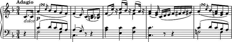 
\new PianoStaff <<
  \new Staff \relative c' {
    \tempo "Adagio"
    \key f \major \time 3/4
    \partial 4 c8._\markup { \italic dolce } c16 |
    \once \override Script.X-offset = 2.75
    \once \override Script.Y-offset = 2.75
    a'4\turn( \slashedGrace c8 bes a g f) |
    f4( e8)\noBeam c( <b d> <bes e>) |
    f'8( c'16) r << { c8( bes16) b\rest bes8( a16) b\rest } \\ { g4 f } >> |
    <f a>4( <e g>16)\noBeam c( d e f fis g gis) |
    \once \override Script.X-offset = 2.75
    \once \override Script.Y-offset = 2.75
    a4\turn( \slashedGrace c8 bes <a f!> <g e> f) |
  }
  \new Dynamics { s4 | s2.\p }
  \new Staff \relative c' {
    \key f \major \clef bass
    r4 |
    << { c4( d8 c bes a) | a4( g8) } \\ { f2 f4 | c4. } >> r8 r4 |
    <a' c>4 <e c'> <f c'> |
    <c c'>4. r8 r4 |
    << { c'4( d8 c bes a) } \\ { f!2 f4 } >>
  }
>>
