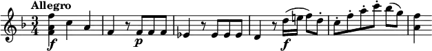 
\relative c'' {
  \tempo "Allegro"
  \key f \major
  \time 3/4
  <f a, f>4\f c a |
  f4 r8 f\p f f |
  es4 r8 es es es |
  d4 r8 d'16\f( e! f8) d-. |
  c8-. f-. a-. c-. bes([ g)] |
  <f a,>4
}
