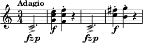\relative c' {
\tempo "Adagio"
\key c \major
\time 3/4
c2.->_\markup{\center-align \dynamic {fz p}} | <g' c e>4-.\f <f c' f>-. r | c2.->_\markup{\center-align \dynamic {fz p}} | <c' fis>4-.\f <b g'>4-. r
}