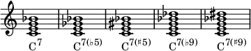 {
\override Score.TimeSignature #'stencil = ##f
\relative c' {
\clef treble
\time 4/4
\key c \major
\textLengthOn
<c e g bes>1_\markup { \concat { "C" \raise #1 \small "7" } }
<c e ges bes>_\markup { \concat { "C" \raise #1 \small { "7(♭5)" } } }
<c e gis bes>_\markup { \concat { "C" \raise #1 \small { "7(♯5)" } } }
<c e g bes des>_\markup { \concat { "C" \raise #1 \small { "7(♭9)" } } }
<c e g bes dis>_\markup { \concat { "C" \raise #1 \small { "7(♯9)" } } }
} }