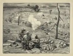 Black and white artist's portrayal of the bombed-out landscape depicting the Battle of St. Mihiel