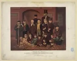 Historical illustration showing children outdoors in front of a building