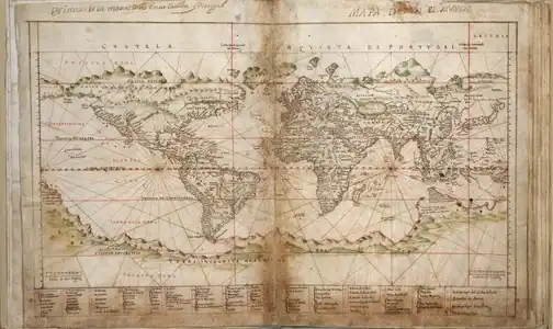 Teixeira Albernaz's 1630 "General Chart for All Navigation" (Taboas Geraes de Toda a Navegação), displaying an antimeridian equivalent to 135° E.[27]