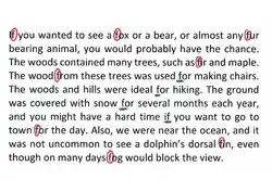 In this simple letter detection task, the red circles indicate target letter identifications and the green underlines indicate instances of the target letter in which the reader has missed when reading the passage.